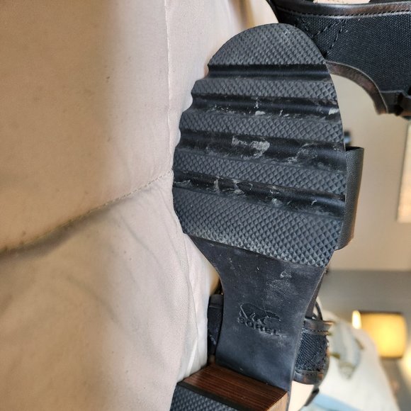 Sorel Black Tan Addington Cuff Leather Colorblock Heel Open Toe Sandal - Picture 10 of 12